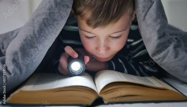 Fototapeta The Child reading Bible in bed under the blanket.