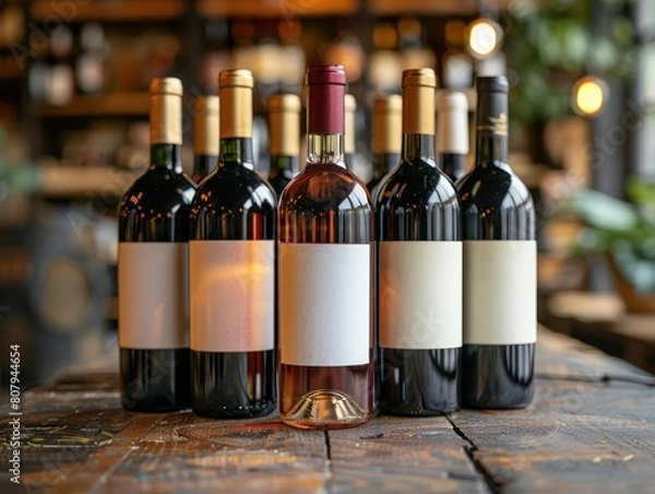 Fototapeta wine bottles lined up with white labels
