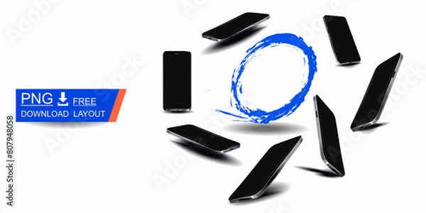 Fototapeta Free set of stylish thin smartphones with blank screen. Big collection realistic smartphones from different sides. Modern telephone models for presentation and advertising. Demonstration latest model 