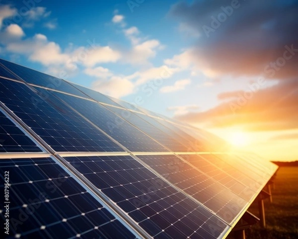 Fototapeta A closeup of a solar panel with the sun shining brightly above, representing renewable energy solutions and sustainable practices