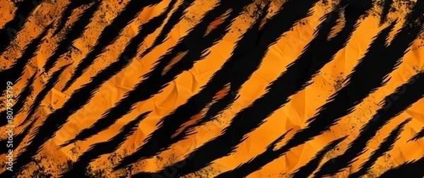 Obraz  Black and Orange Tiger Stripe Pattern, A black tiger stripes pattern background with orange and black stripes for makeup design or print on fabric, a textile texture with striped