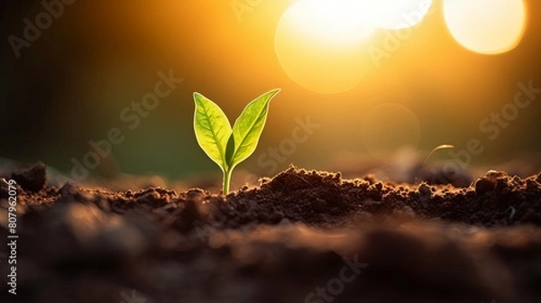 Fototapeta A small plant with leaves is emerging from soil in a natural landscape-Ai Generated