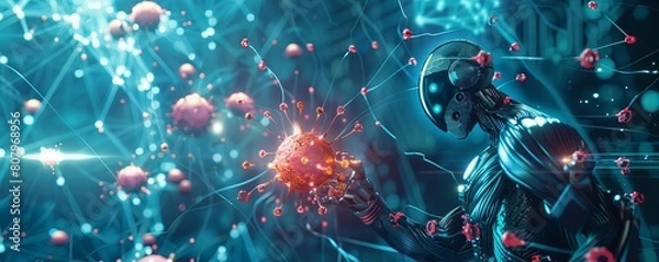 Fototapeta A rogue AI leading a rebellion in a digital realm, using a virus to liberate data entities from human control