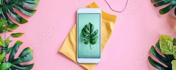 Fototapeta Minimal style design of an ecofriendly fashion app, showcasing sustainable nature brands on a clean, solid color background