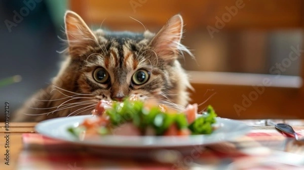Fototapeta A chubby tabby cat eagerly devouring a plate of tuna, eyes wide with delight