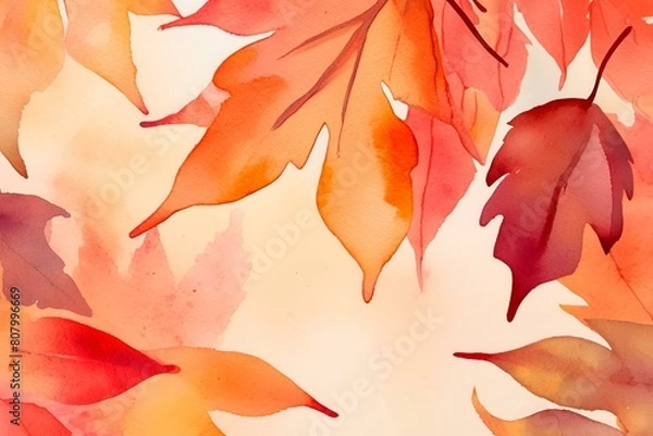 Fototapeta Watercolor falling leaves in shades of red, orange, and gold, capturing the beauty of autumn background 