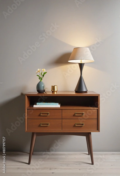 Fototapeta AI-generated vector wooden nightstand in midcentury modern style for interior design, isolated on transparent background 