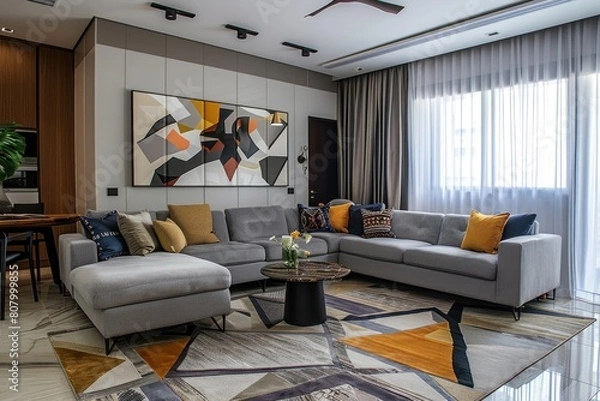 Fototapeta Modern Living Space with Elegant Grey Sofa and Geometric Rug