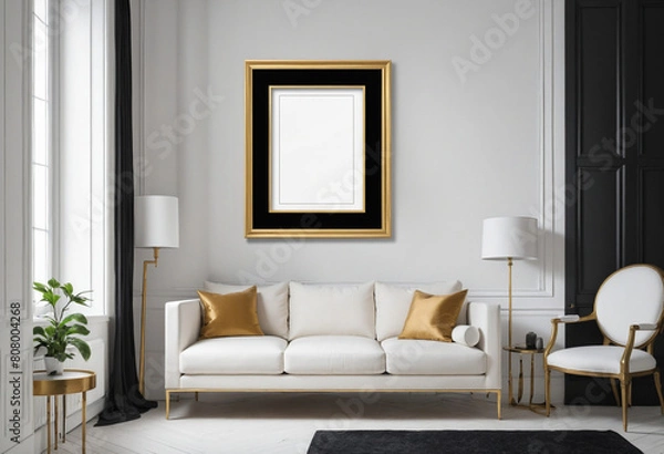 Fototapeta  Minimalistic black and white interior featuring an empty frame for creative presentation 
