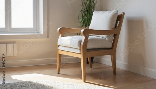 Fototapeta Elegant oak furniture leg in a modern white interior design scheme 