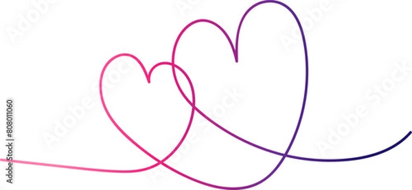 Fototapeta Continuous linear color drawing of two hearts. Vector illustration of doodles, made by hand in the form of a continuous line. Decorative design in the form of linear art