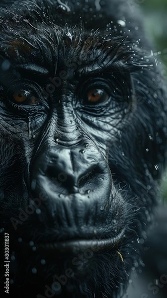 Fototapeta Mountain gorilla in misty Rwandan forest, close-up, natural lighting.