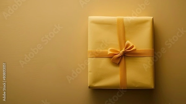 Fototapeta Gift box with yellow ribbon on a beige background. Top view.
