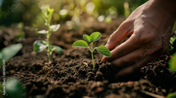 Fototapeta A person planting a sapling in fertile soil, symbolizing growth and sustainability