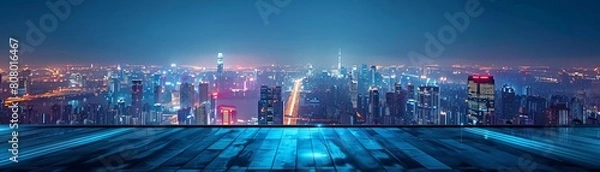 Fototapeta Podium on a helipad with panoramic city views at night, introducing new tech gadgets, city lights below