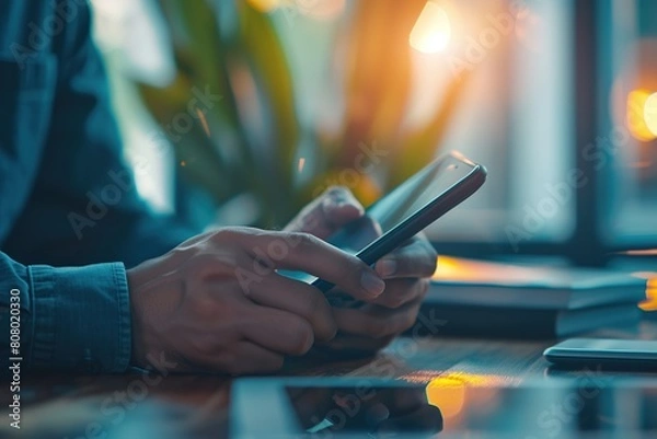Fototapeta Close up of business man using mobile smart phone while sitting in office