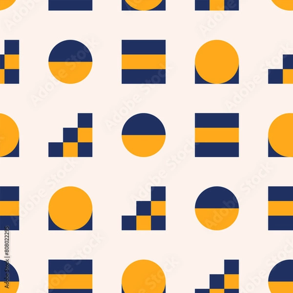 Fototapeta Combination of circle and square seamless pattern in navy and yellow color