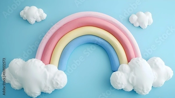 Fototapeta Clay Rainbow Stopmotion Animation with Fluffy Cloud Backdrop in Pastel Color Scheme