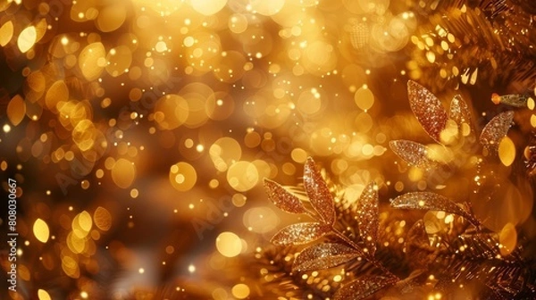 Fototapeta A blurred background of golden glittering lights creates an atmosphere of celebration and luxury The gold hues add to the festive ambiance with sparkling bokeh effects High resolut