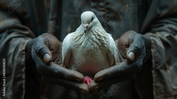 Fototapeta A dove held by an African becomes a symbol of hope, peace, and unity, signifying tolerance and mutual respect among races.