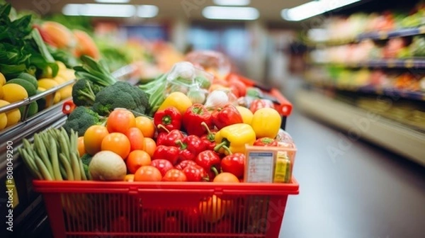 Fototapeta A red shopping cart full of vegetables and fruit. The cart is in a grocery store. The vegetables include broccoli, peppers, and tomatoes