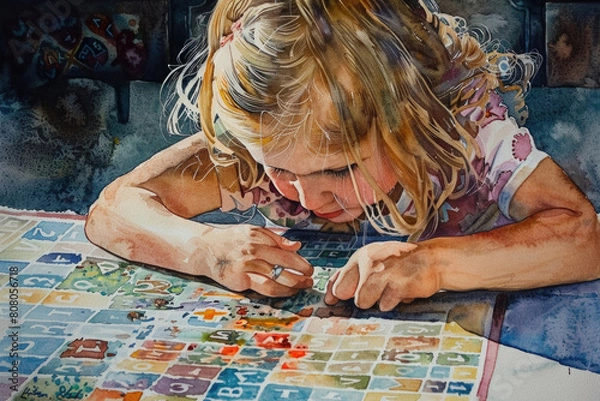 Fototapeta A painting depicting a young girl engrossed in playing with a jigsaw puzzle, focused and determined