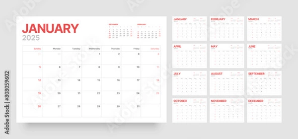 Fototapeta Monthly calendar template for 2025 year. Wall or desk calendar in a minimalist style. Diary planner for 2025 year. Week Starts on Sunday. 