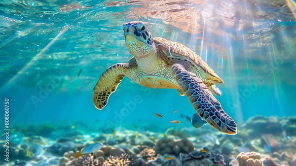 Obraz A sea turtle swimming in the clear blue water of an ocean, sunlight filtering through the surface creating gentle ripples and illuminating marine life below.