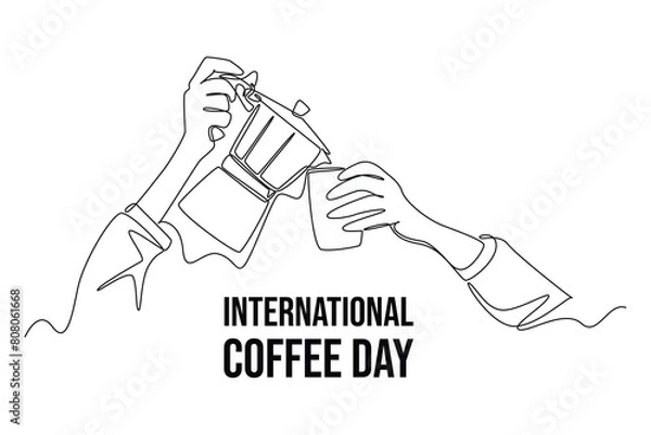 Fototapeta Continuous one line drawing International coffee day. Doodle vector illustration.