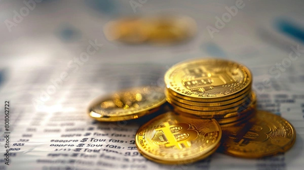 Fototapeta Stack of Gold Coins on Financial Documents