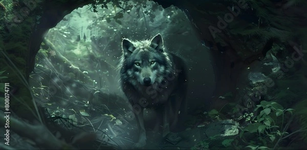 Fototapeta A wolf is standing in a forest with a lot of trees and bushes. The wolf is looking at the camera with a fierce expression. The scene is intense and mysterious
