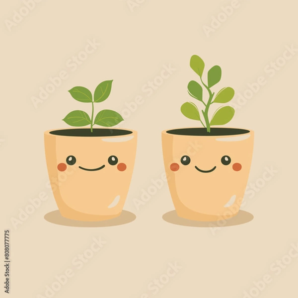 Fototapeta Happy potted plants with smiling faces and green leaves on a beige background.