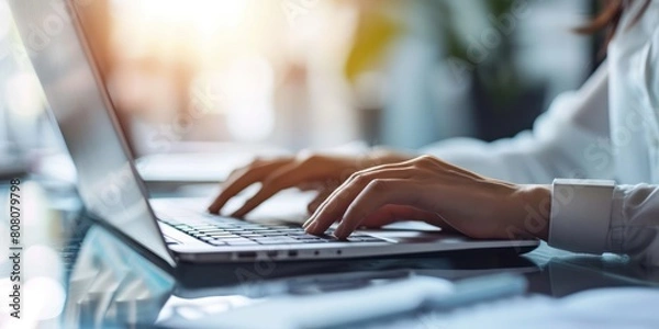 Fototapeta Close-up of a woman's hands typing on a laptop keyboard.