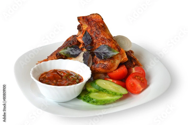 Fototapeta курица жареная с овощами и соусом