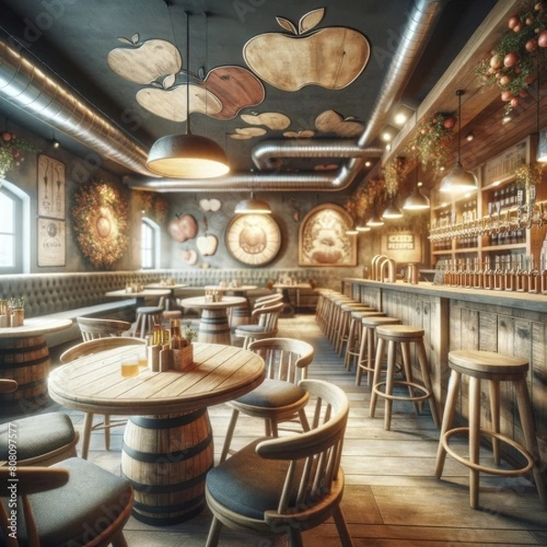 Fototapeta Inside rustic cidery interior, featuring wooden barrels, stools, cider, apples, and comfy seating.