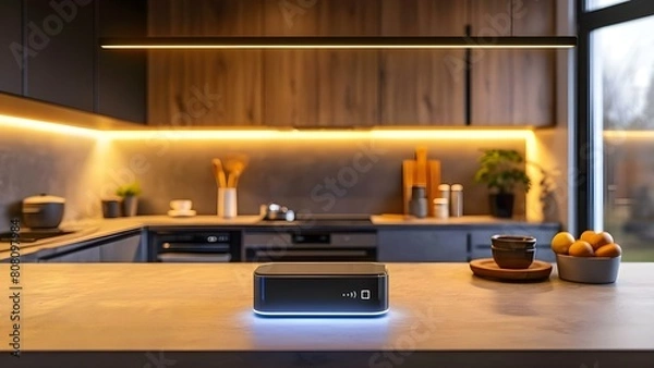 Fototapeta A Smart Home Device in a Futuristic Kitchen Island in a Modern, Well-lit Space. Concept Smart Home Tech, Futuristic Kitchen Island, Modern Space, Well-lit, High-Tech Integration