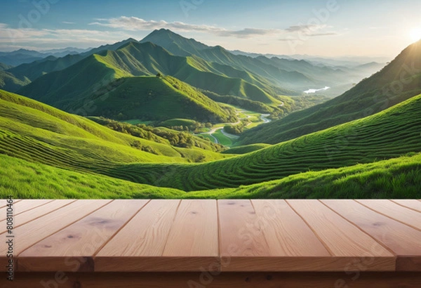 Obraz  Natural wooden tabletop with a serene hills background perfect for eco-friendly product presentation 