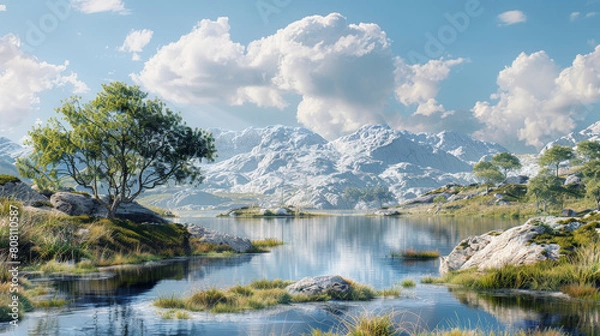 Fototapeta A tranquil landscape featuring a mirror-like lake, scattered boulders, a lone tree, and snow-capped mountains under a partly cloudy sky.