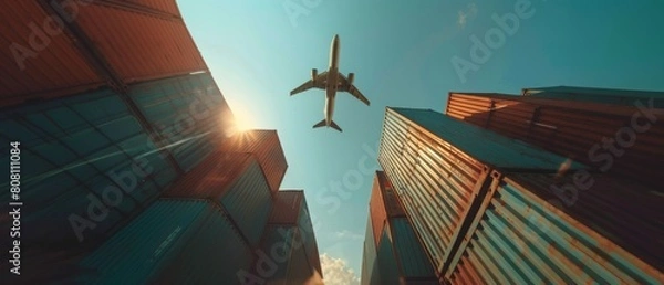 Obraz Cargo Plane Flying Over Stacked Shipping Containers.