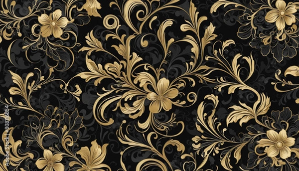 Fototapeta Luxurious Black and Gold Floral Baroque Pattern Design Created with Generative AI Technology