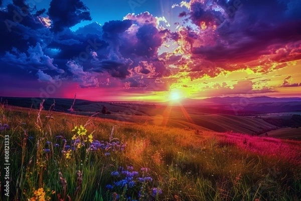 Fototapeta Sunset painting the sky with hues of orange, pink, and purple, signaling the end of summer day