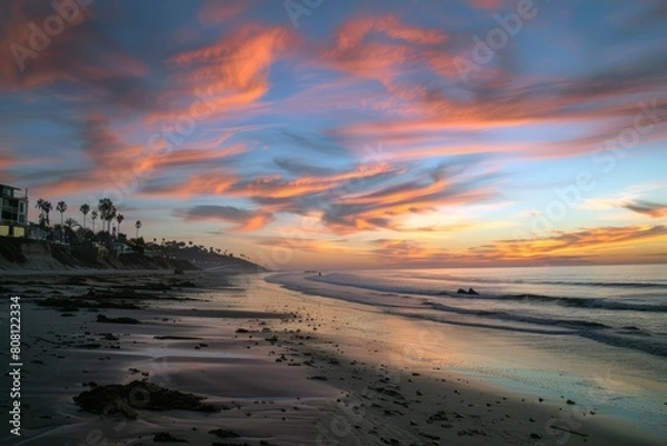 Fototapeta Sunset painting the sky with hues of orange, pink, and purple, signaling the end of summer day