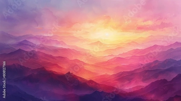 Fototapeta mountain sunrise, the sunrise creates a calming scene over the mountains, blending pink and orange hues to inspire awe and serenity within