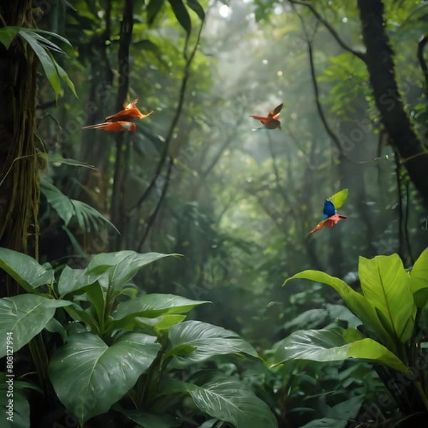 Obraz a many birds flying in the air in the jungle