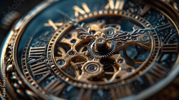Fototapeta Luxury steampunk pocket watch with intricate gears and filigree.