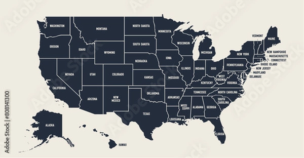 Fototapeta USA Map. Poster map of United States of America. Print of USA with name states, poster or geographic, political theme. Infographic graphic design print map of USA states. Vector Illustration