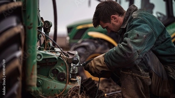 Fototapeta Mobile welder repairing agricultural machinery in the field, focusing on technique and tools.