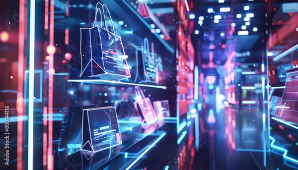 Fototapeta A futuristic shopping mall with a display of bags and purses by AI generated image