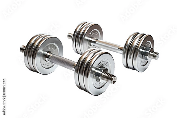 Fototapeta A pair of shiny metal dumbbells on a black background. The dumbbells are made of solid steel with a chrome finish and have a knurled grip for a secure hold.