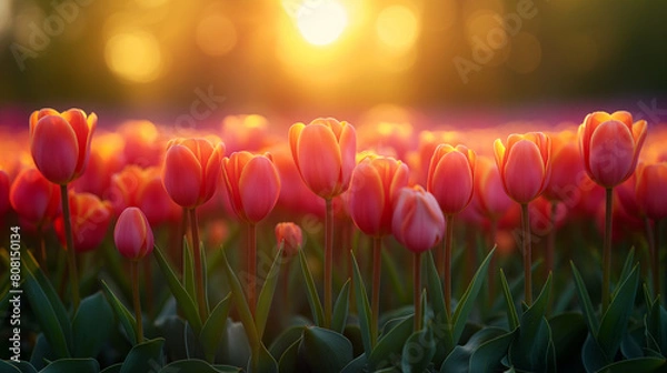 Fototapeta A visually rich composition featuring a flower fair at sunset, with golden light casting a warm glow over rows of blossoming flowers, creating a visually breathtaking and serene sc